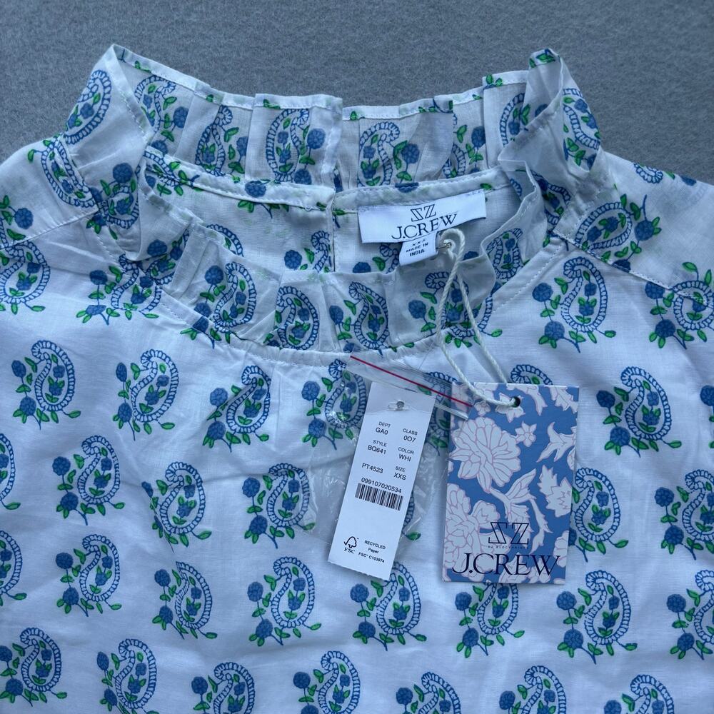 NWT SZ Blockprints X J. Crew smocked puff sleeve blouse in blue paisley size XXS